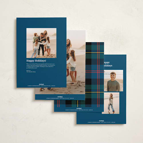 This is a navy holiday photo cards with standard by Ilene Guy called traditionally plaid printing on recycled smooth signature in grand