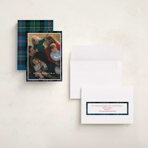 This is a navy holiday photo cards with standard by Ilene Guy called traditionally plaid printing on recycled smooth signature in grand