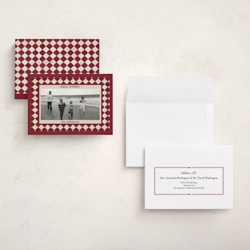 This is a burgundy holiday photo cards with standard by Angel Walker called marble diamond printing on signature in grand