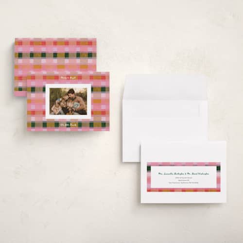 This is a fruitcake holiday photo cards with standard by Carrie Moradi called festive checked plaid printing on recycled smooth signature in grand