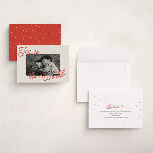 This is a cherry holiday photo cards with standard by Pixel and Hank called joy in color printing on signature in grand