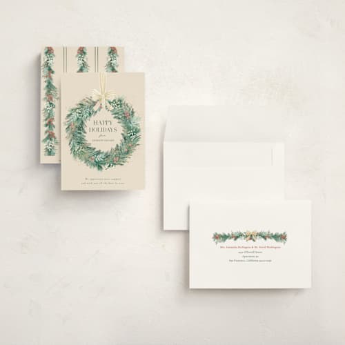 This is a vanilla holiday photo cards with standard by frau brandt called natural wreath printing on signature in grand