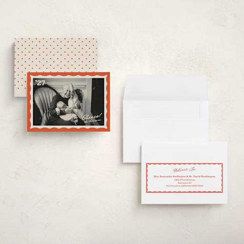 This is a hibiscus holiday photo cards with standard by Creo Study called squiggle frame printing on signature in grand