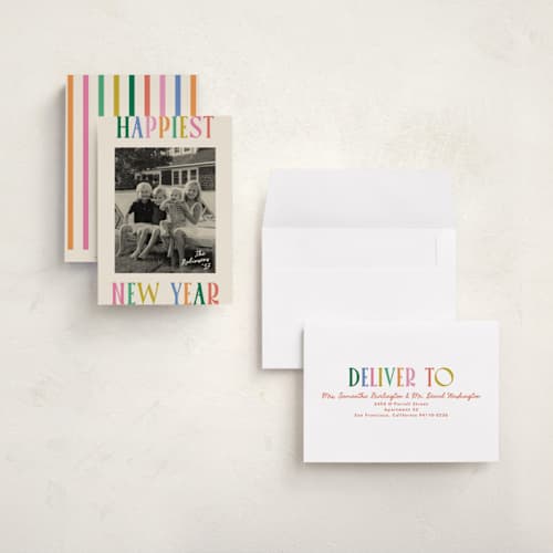 This is a rainbow holiday photo cards with standard by Creo Study called bold n bright printing on signature in grand