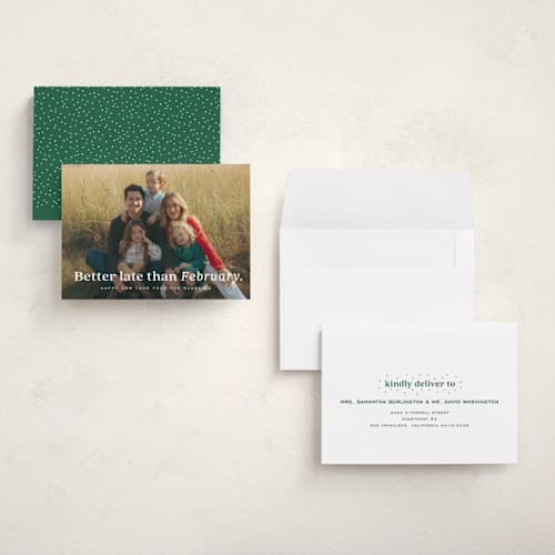 This is a snow holiday photo cards with standard by Erica Krystek called better late than february printing on signature in grand