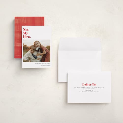 This is a bright red holiday photo cards with standard by Penny Eversole called not my idea pet card printing on recycled smooth signature in grand