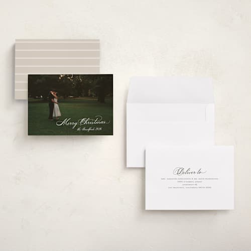 This is a pearl holiday photo cards with standard by Nicole Walsh called formal script printing on signature in grand
