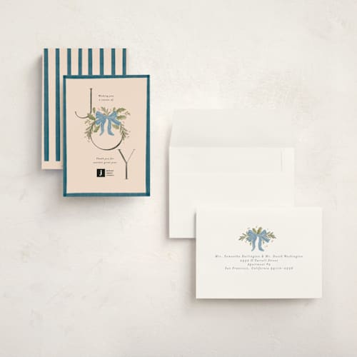 This is a wintermint holiday photo cards with standard by Creo Study called vintage joy printing on signature in grand