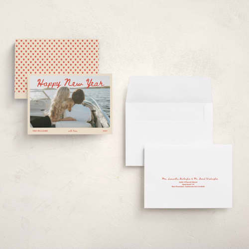 This is a peppermint holiday photo cards with standard by Rina Ozum called cheers to the new year printing on signature in grand