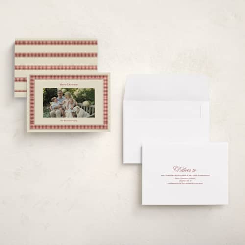 This is a cranberry holiday photo cards with standard by Ellen Schlegelmilch called gingham ribbon printing on signature in grand