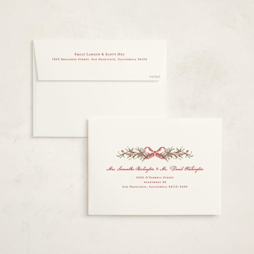 This is a poinsettia holiday photo cards with standard by Sarah Knight called needlepoint tree printing on signature in grand