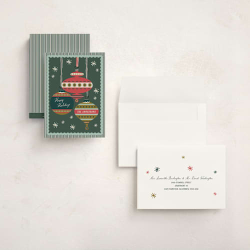 This is a pine holiday photo cards with standard by Heather Schertzer called mid-century ornaments printing on signature in grand