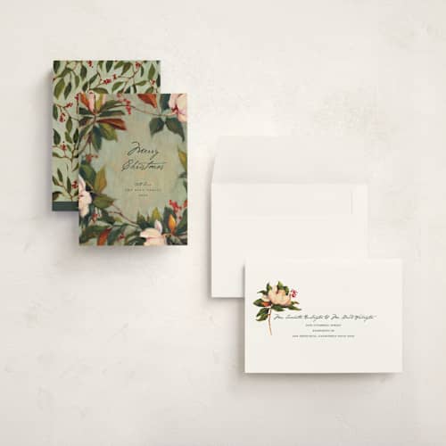 This is a wintermint holiday photo cards with standard by Wendy Keller called magnolias printing on signature in grand