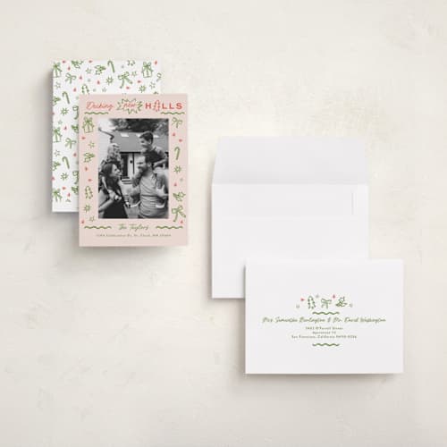 This is a pine holiday photo cards with standard by Alethea and Ruth called decking new halls drawing printing on signature in grand