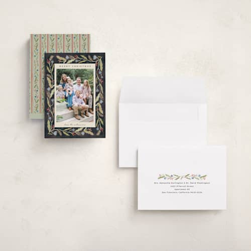 This is a midnight holiday photo cards with standard by Amy Kross called verdant printing on signature in grand