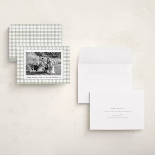 This is a spearmint holiday photo cards with standard by Emily Betts called scallop matted photo printing on signature in grand