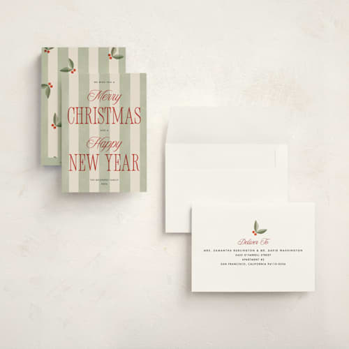 This is a stocking holiday photo cards with standard by Robert and Stella called striped type printing on signature in grand