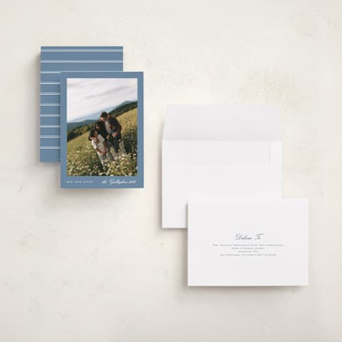 This is a sky blue holiday photo cards with standard by Nicole Walsh called modern minimalist printing on signature in grand