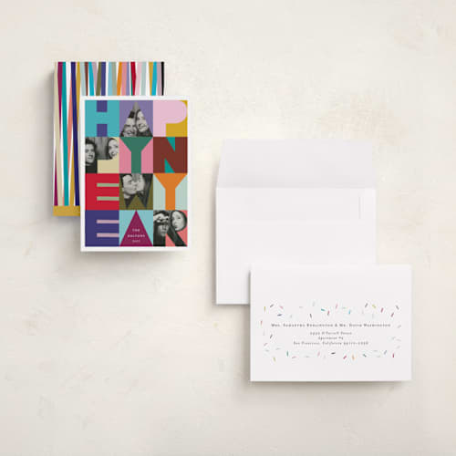 This is a rainbow holiday photo cards with standard by lulu and isabelle called pop art new year printing on signature in grand