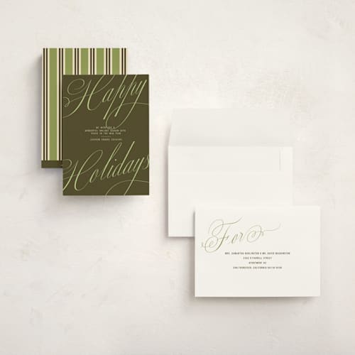 This is a olive holiday photo cards with standard by Susan Zinader called stylish script printing on signature in grand