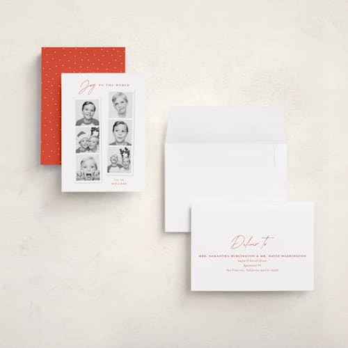 This is a ruby holiday photo cards with standard by Sarah Curry called joyful photo strips printing on recycled smooth signature in grand