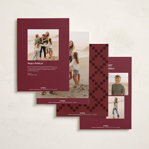This is a burgundy holiday photo cards with standard by Ani Somi called patchwork printing on signature in grand