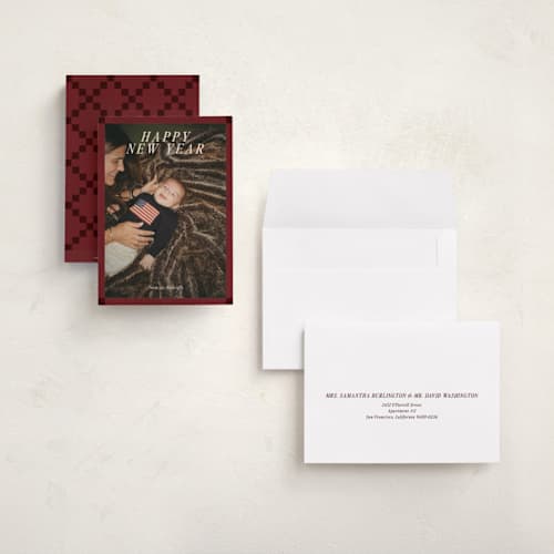 This is a burgundy holiday photo cards with standard by Ani Somi called patchwork printing on signature in grand