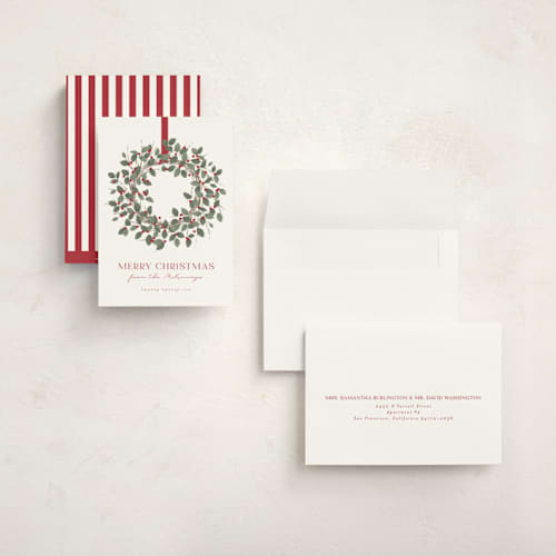 This is a holly holiday photo cards with standard by Kacey Kendrick Wagner called classic wreath printing on signature in grand