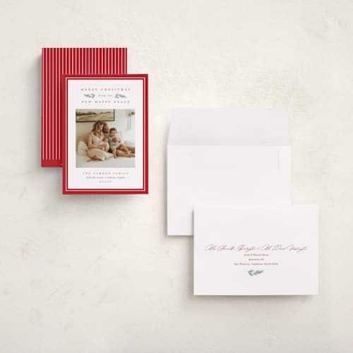This is a poinsettia holiday photo cards with standard by Amy Kross called new happy place printing on recycled smooth signature in grand