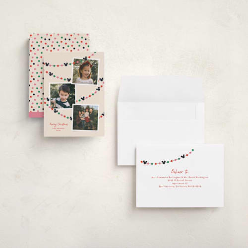 This is a frosting holiday photo cards with standard by Annie Holmquist called disney's mickey mouse garland printing on recycled smooth signature in grand