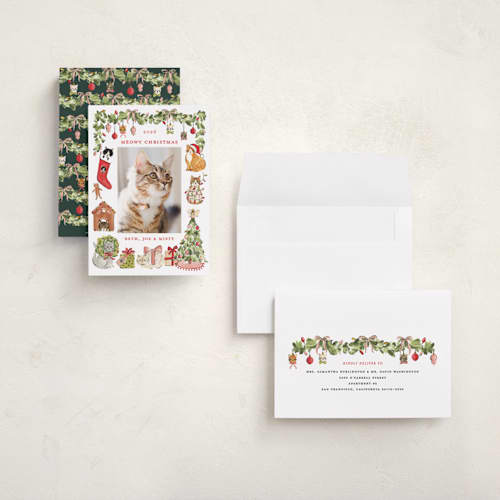 This is a pine holiday photo cards with standard by Sarah Knight called meowy christmas printing on recycled smooth signature in grand