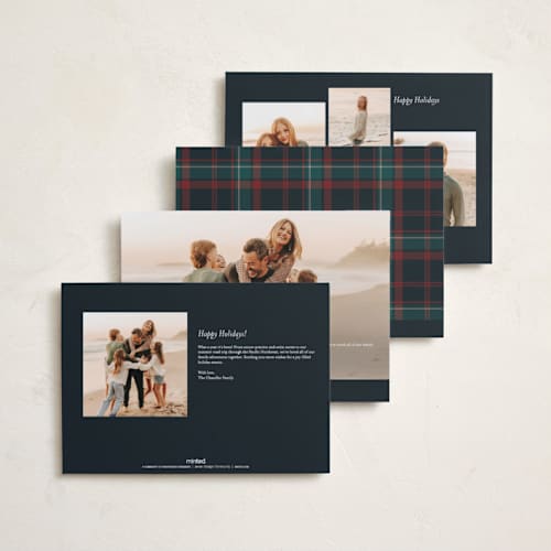 This is a navy holiday photo cards with standard by Cindy Reynolds called plaid traditions printing on signature in grand
