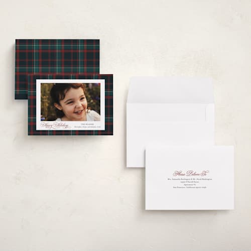 This is a navy holiday photo cards with standard by Cindy Reynolds called plaid traditions printing on signature in grand