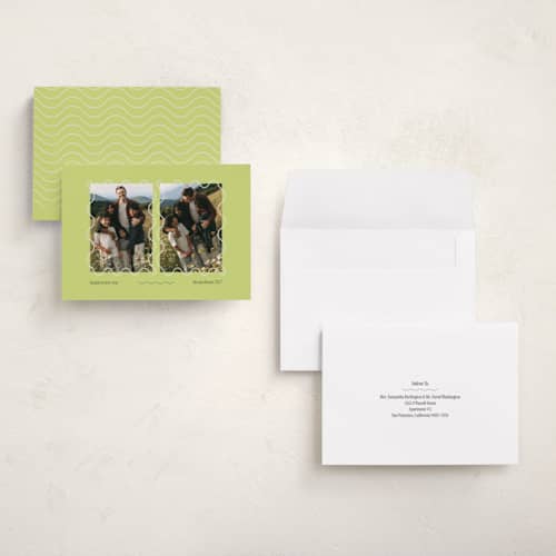 This is a lime holiday photo cards with standard by Hattie and Jane called squiggle giggle printing on signature in grand