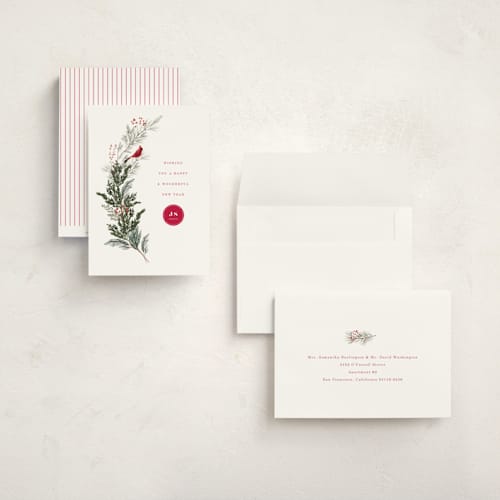 This is a holly berry holiday photo cards with standard by Baumbirdy called cardinal printing on signature in grand