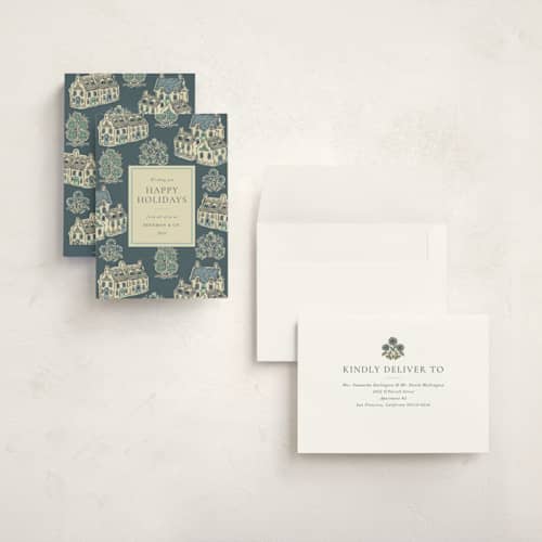 This is a frost holiday photo cards with standard by Jackie Crawford called cozy cottage toile printing on signature in grand