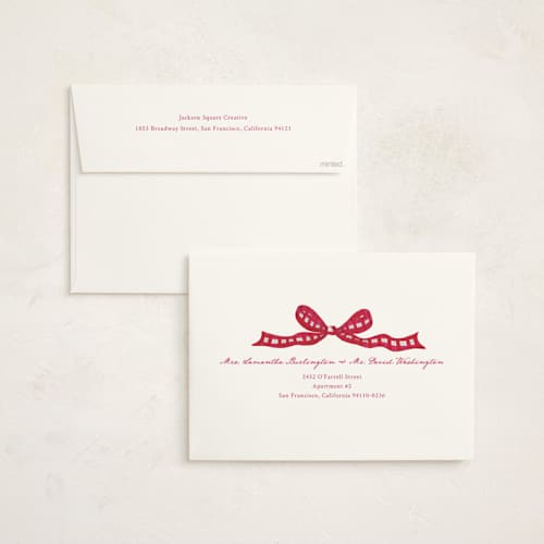 This is a cranberry holiday photo cards with standard by ForeverPrint called tartan bow printing on signature in grand