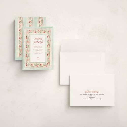 This is a mint holiday photo cards with standard by Kamala Nahas called botanical border printing on signature in grand