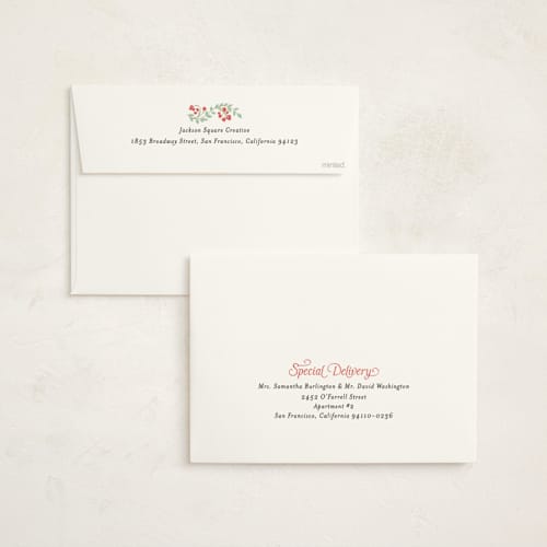 This is a mint holiday photo cards with standard by Kamala Nahas called botanical border printing on signature in grand