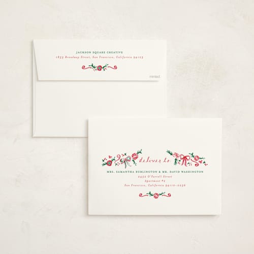 This is a ivory holiday photo cards with standard by Sarah Rosenthal called decked in gratitude printing on signature in grand