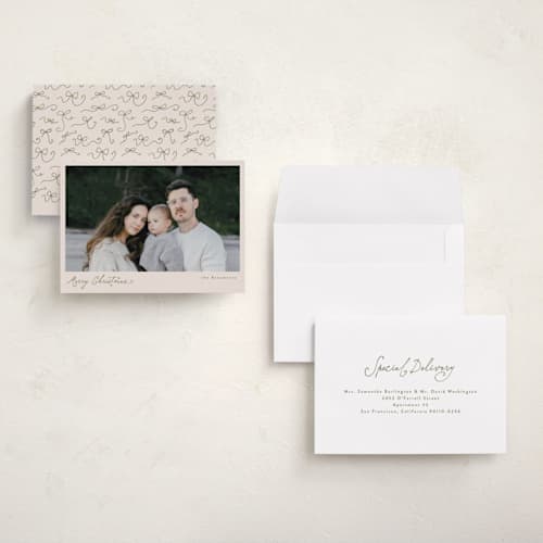 This is a olive holiday photo cards with standard by Tamara Hilje called a little whimsy printing on signature in grand