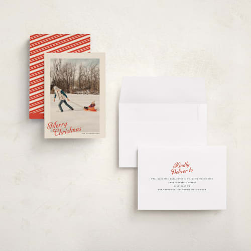 This is a peppermint holiday photo cards with standard by Ekko Studio called vintage postcard printing on signature in grand