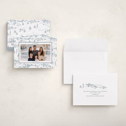 This is a powder holiday photo cards with standard by Jenna Holcomb called ski toile printing on signature in grand