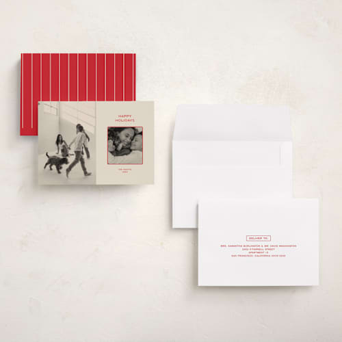 This is a cranberry holiday photo cards with standard by Ellen Schlegelmilch called holiday duo printing on signature in grand