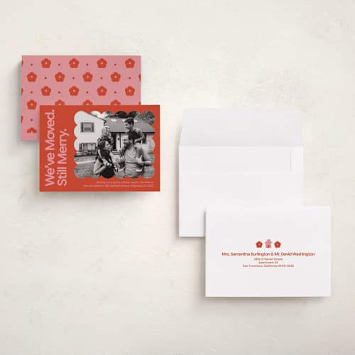 This is a tomato holiday photo cards with standard by Inkblot Design called still merry printing on signature in grand