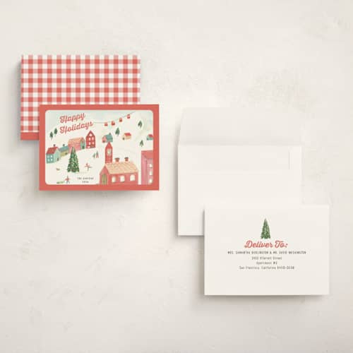 This is a berry holiday photo cards with standard by Teju Reval called festive village printing on signature in grand