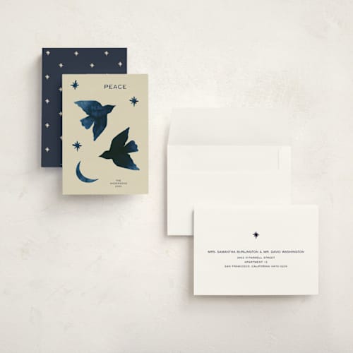 This is a indigo holiday photo cards with standard by Ani Somi called quiet sky printing on signature in grand