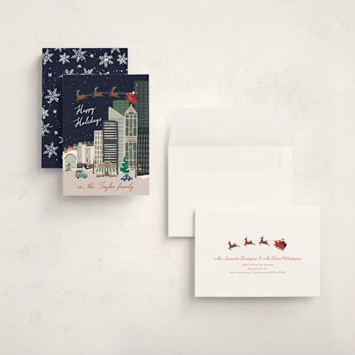 This is a navy holiday photo cards with standard by Alethea and Ruth called christmas night in the city printing on signature in grand
