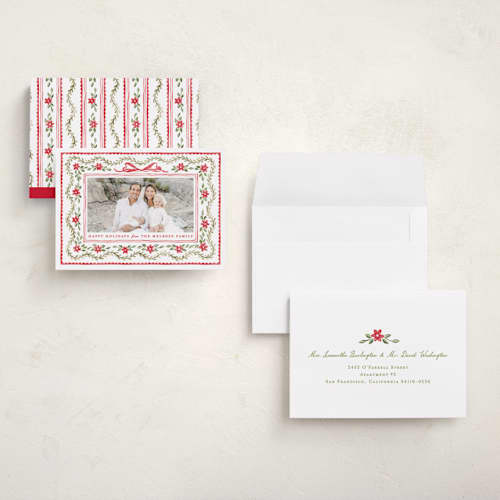 This is a poinsettia holiday photo cards with standard by Sarah Knight called festively framed printing on signature in grand