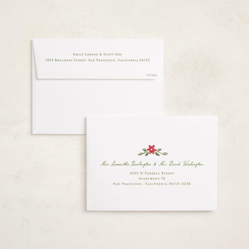 This is a poinsettia holiday photo cards with standard by Sarah Knight called festively framed printing on signature in grand